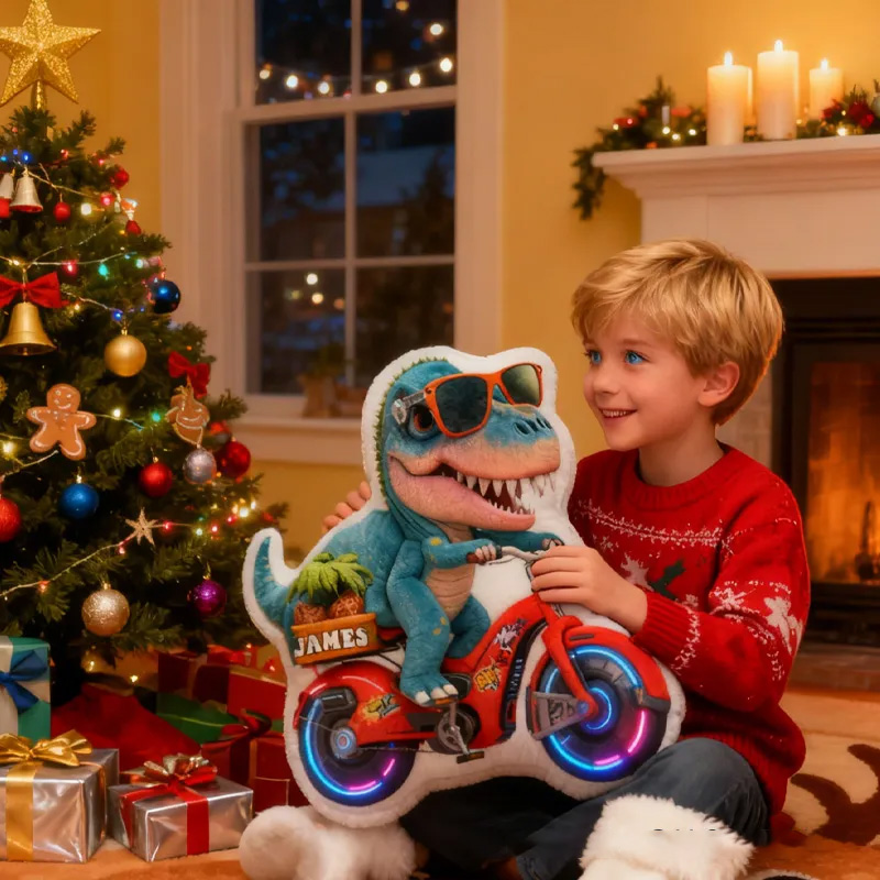 Personalized Dino Rider Bike Pillow Cozy Graphic 3D Print Cool Racing Biker Dino Pillow Name Pillow Comfortable Travel Cushion for Kids Boys Riding Lovers