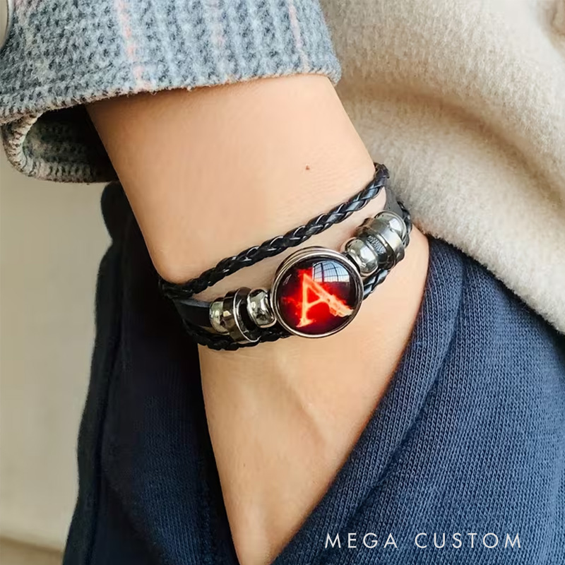 Personalized Flame Punk Style PU Leather Bracelet Initial Letter Design Adjustable Metal Accent Ideal Men's Gifts Valentine's Day Gifts Groomsmen Bracelets