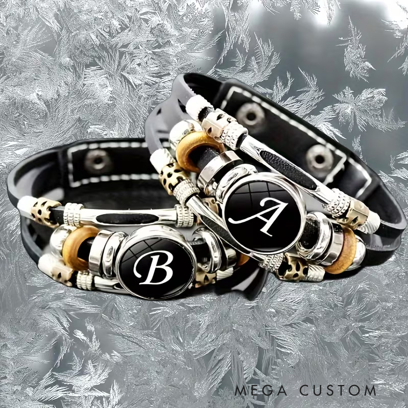 Personalized PU Leather Multilayer Braided Punk Style Bracelet with A-Z Alphabet Custom Name Identification Ideal Men's Gifts for Valentine's Day and Groomsmen