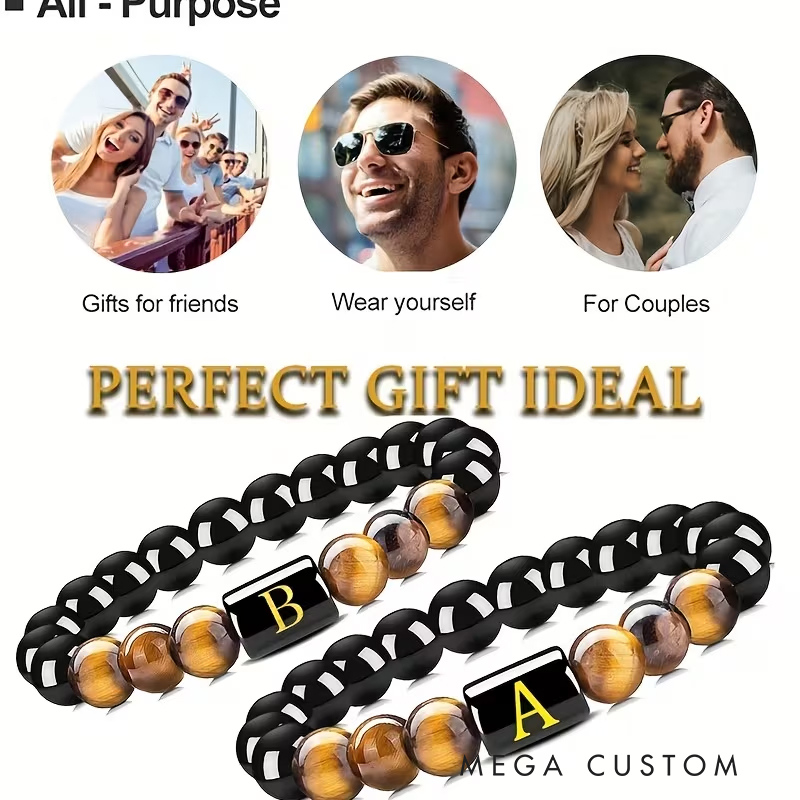 Personalized Tiger's Eye Beaded Bracelet with Elastic Cord Unisex Ideal Men's Gifts Valentine's Day Gifts and Groomsmen Bracelets