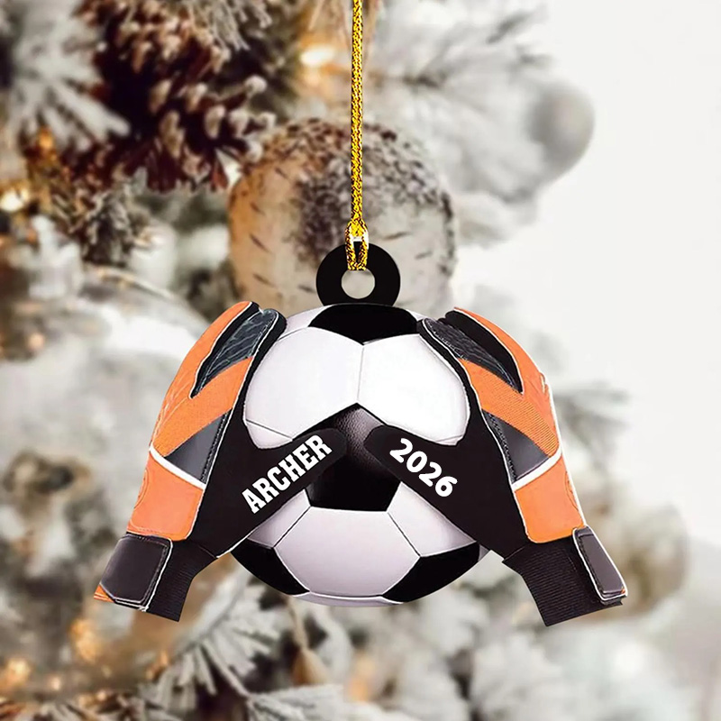 Personalized Acrylic Soccer Ball Christmas Ornament with Custom Name, Year, and Goalkeeper Gloves Design