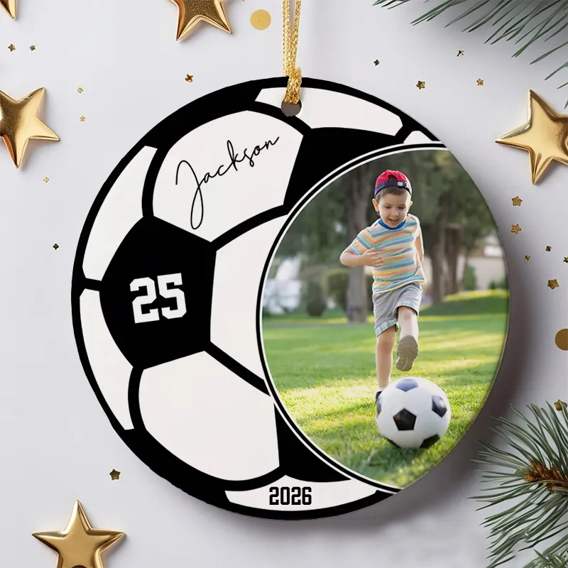 Personalized Soccer Photo Christmas Ornament with Custom Name, Number, and Year
