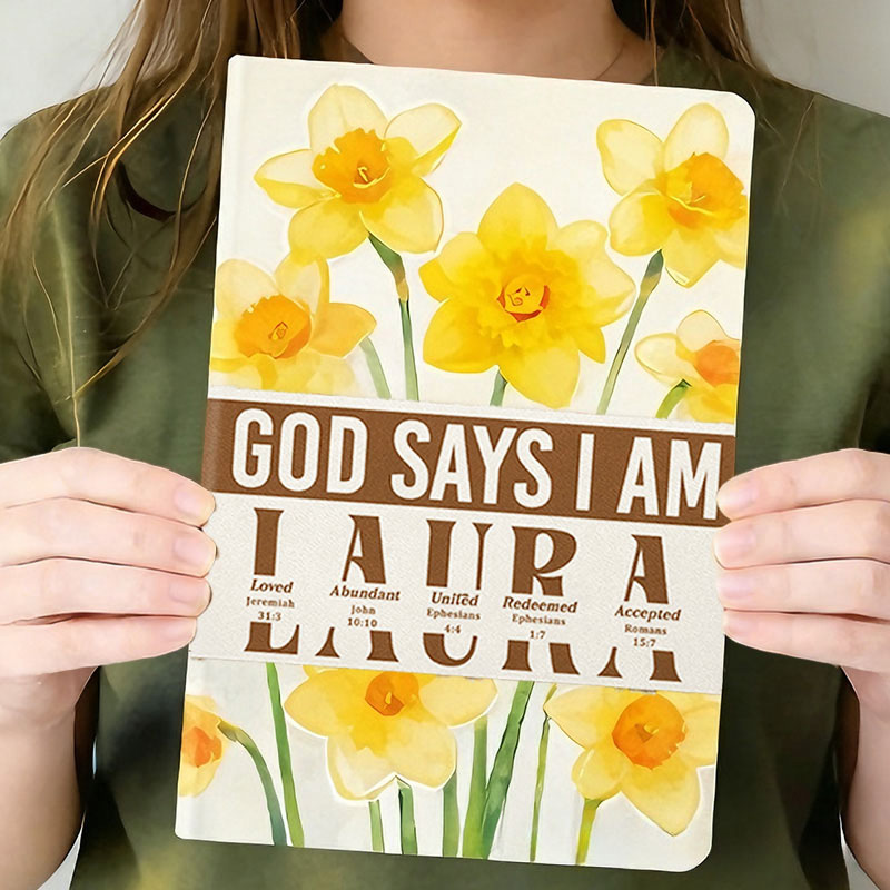 Personalized God Says i am Birth Flower Leather Cover Notebook with Custom Name Encouraging Scripture Bible Verse Journal Religious Christian Gift for her