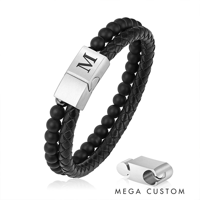 Personalized Beaded Leather Initial Bracelet 6mm Matte Agate Stone Handmade Bracelets Adjustable Mens Bracelet Magnetic Clasp Father's Day gift for Men Bracelets Valentine's Day Gift for groomsman 