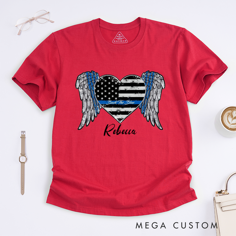 Personalized Police Thin Blue Line Heart with Wings Design Gift for Policewoman Police Officer T-Shirt