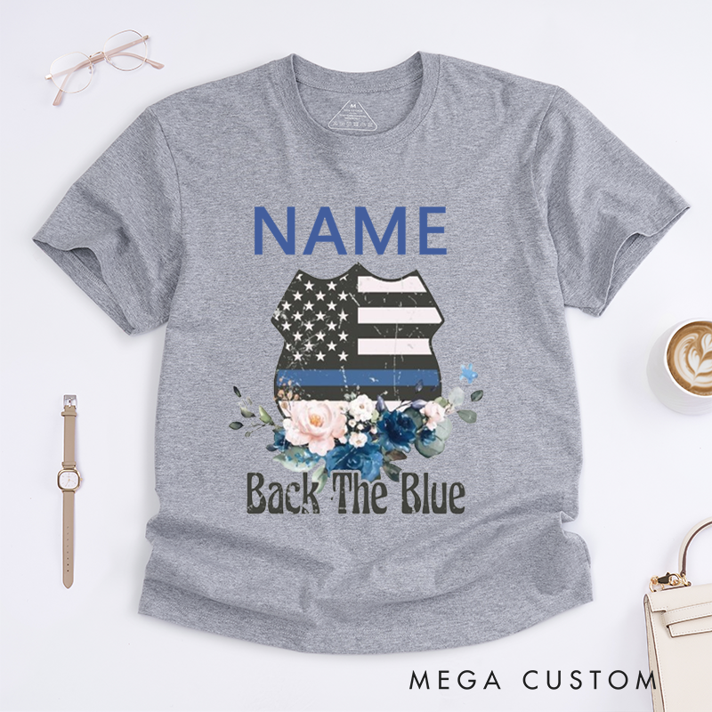 Personalized Back the Blue Floral Vest Design Design Gift for Policewoman Police Officer T-Shirt