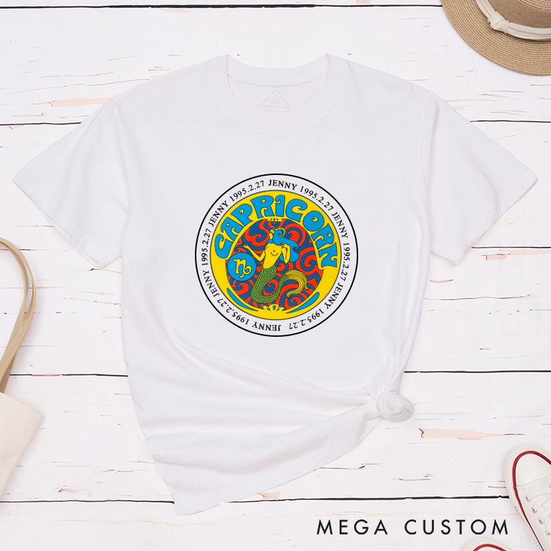 Personalized Capricorn Zodiac Classic T-Shirts Custom Name Birth Date Astrology Gift Unisex Unique Horoscope Tees for Men and Women Birthday Present 