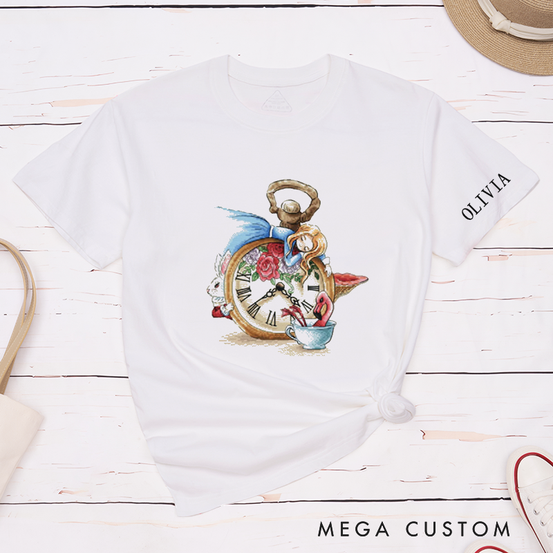 Personalized Alice Inspired Clock T-Shirt Unisex Custom Gift with Name Vintage Tea Party Design Unique Present for Women Men Girls Boys Birthday