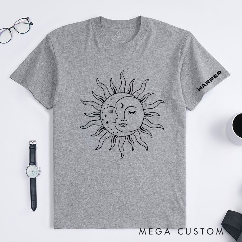Personalized Sun and Moon Face T-Shirt Unisex Custom Name Classic Tee Astrology Lover Gift Unique Birthday Present for Men Women Friends Family