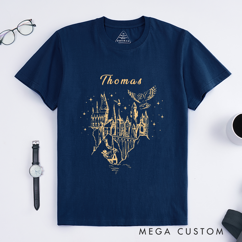 Personalized Castle Owl Wizard Fantasy Classic T-Shirts Custom Name Gift for Fans Unique Starry Night Magical Customizable Top for Birthday Present