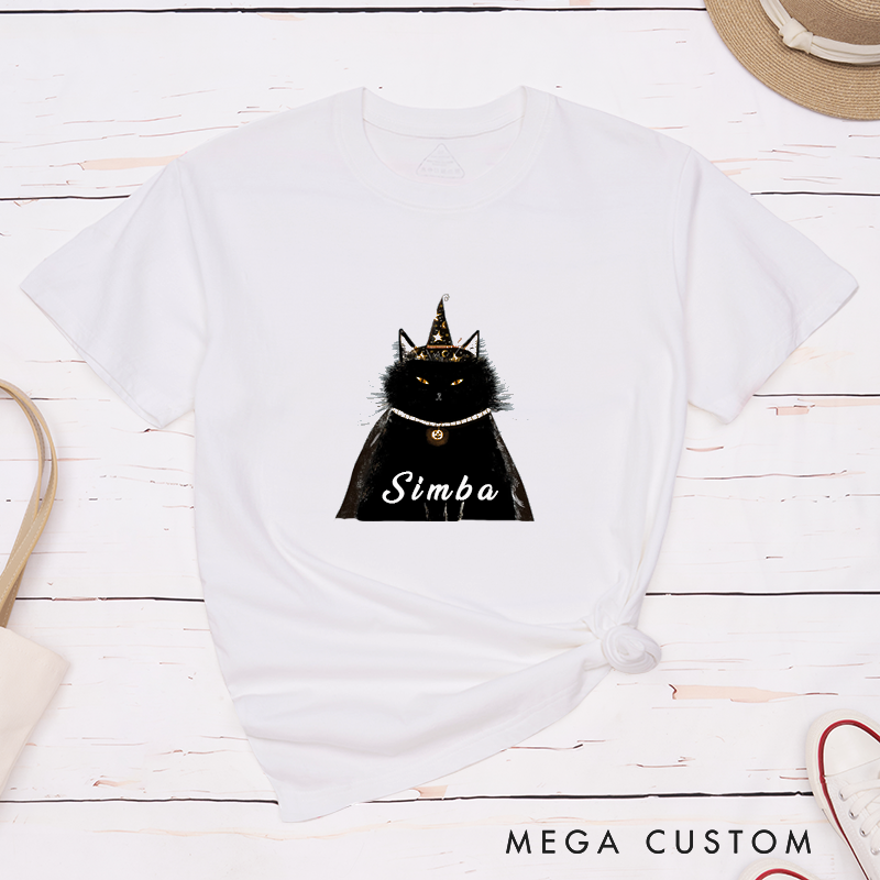 Personalized Black Cat Halloween Classic T-Shirt Custom Name Witch Hat and Pumpkin Necklace Cat Lover Gift Unique Pet Lovers Apparel for Men and Women
