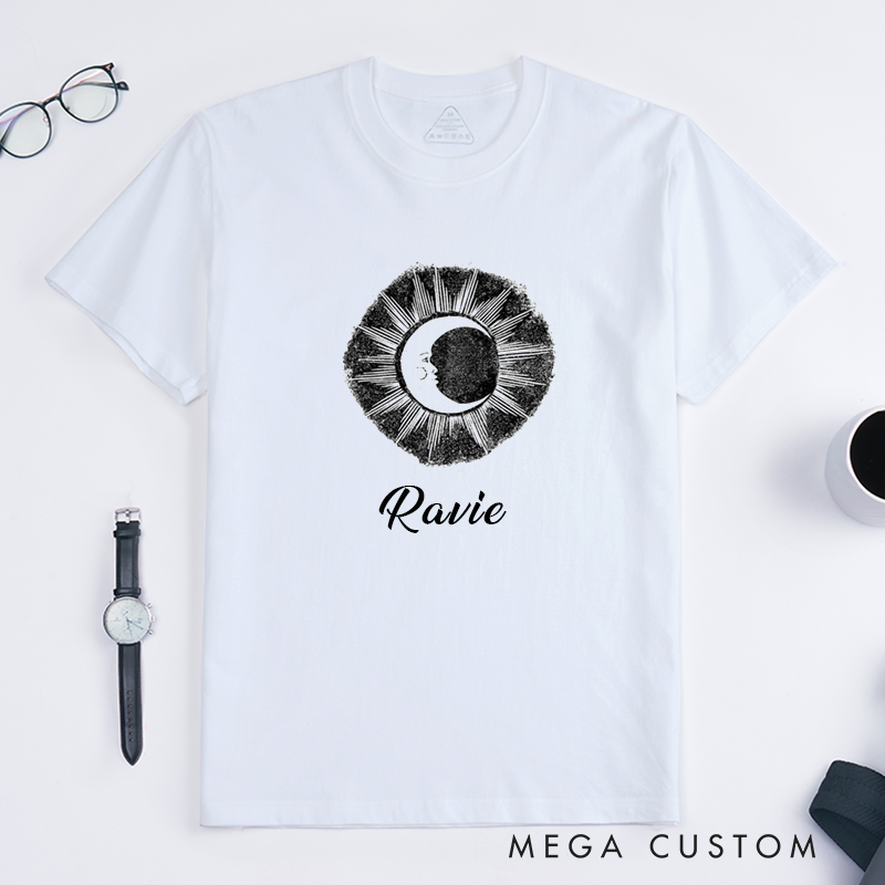 Personalized Celestial Sun and Moon Vintage Classic T-Shirts Custom Name Unique Cosmic Gift for Men and Women Spiritual Astronomy Lovers Birthday Present