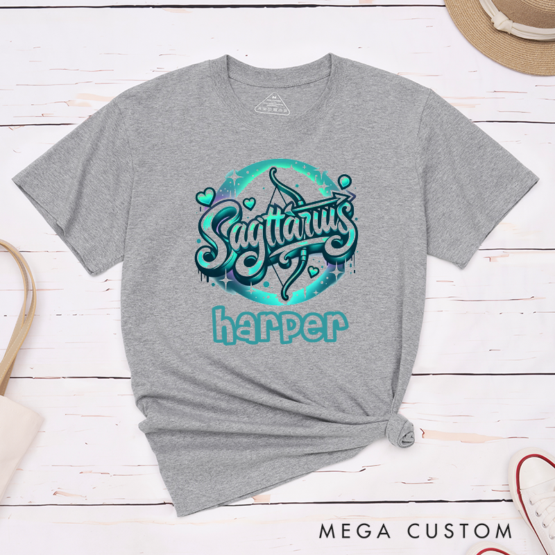 Personalized Sagittarius Zodiac Sign Classic T-Shirt Unique Astrology Graphic Unisex Gift for Birthday Custom Name Star Sign Tee for Men and Women