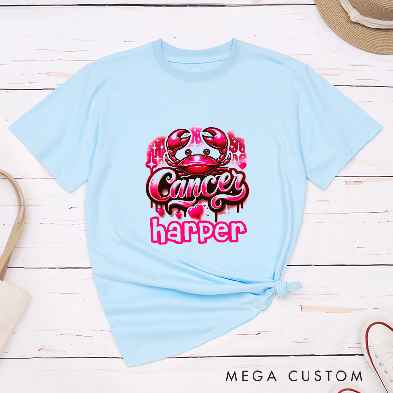 Personalized Cancer Zodiac Crab T-Shirt Custom Name Gift Astrology Birthday Classic Tee for Men and Women Unique Horoscope Present 