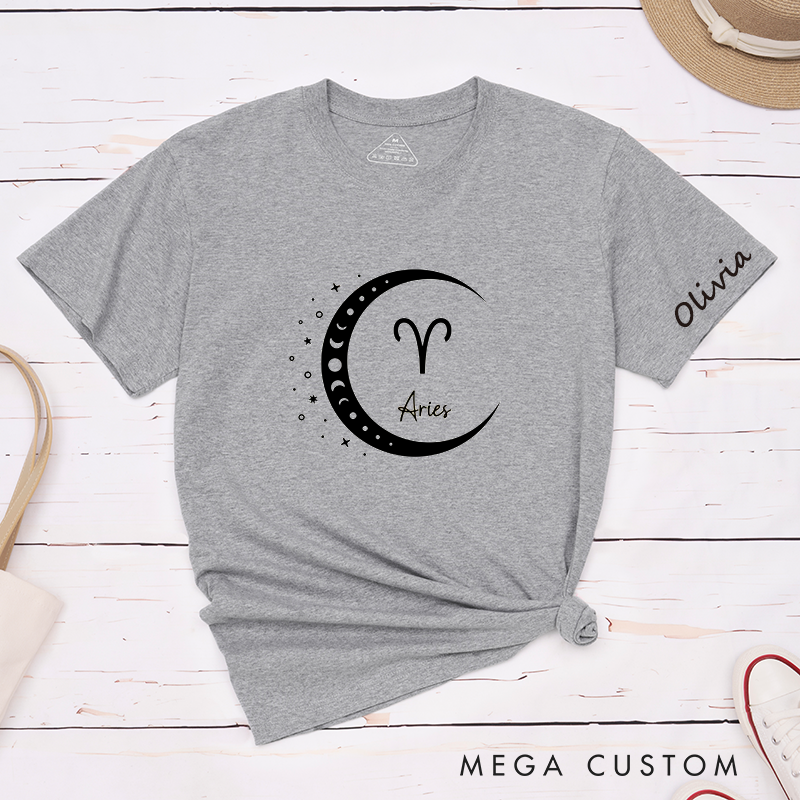 Personalized Aries Zodiac Classic T-Shirts Custom Name Moon and Stars Astrology Birthday Gift for Women Men Unisex Unique Horoscope Tee 