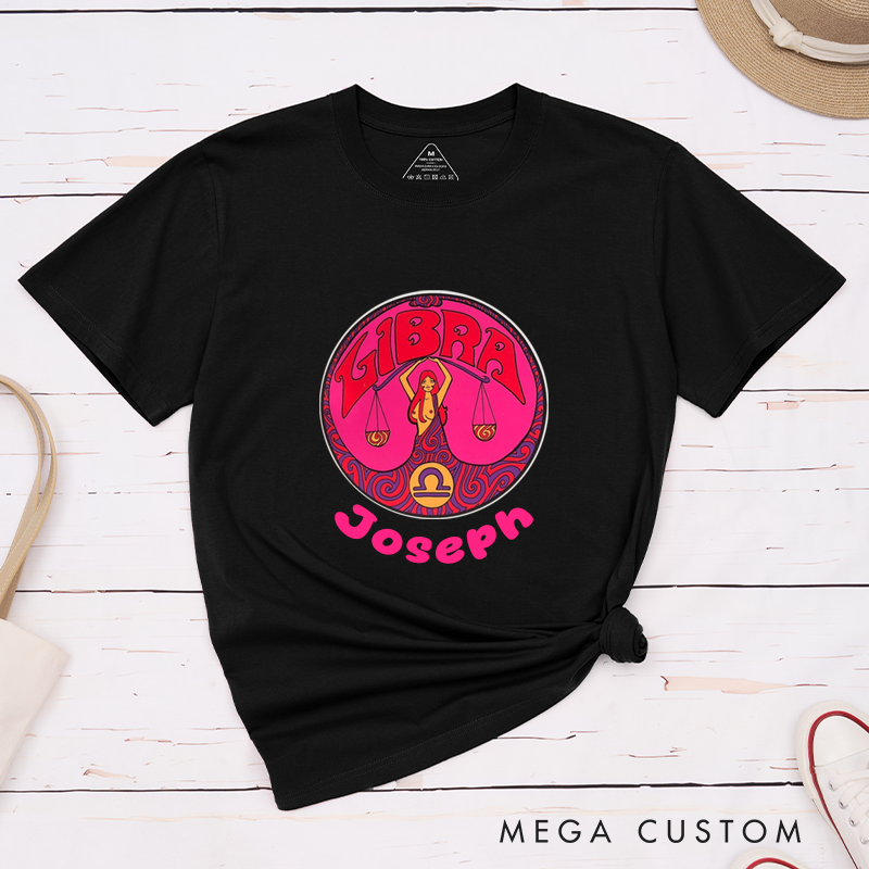 Personalized Libra Zodiac T-Shirt Classic Unisex Retro Horoscope Astrology Gift Custom Name T-Shirt Birthday Present for Men and Women