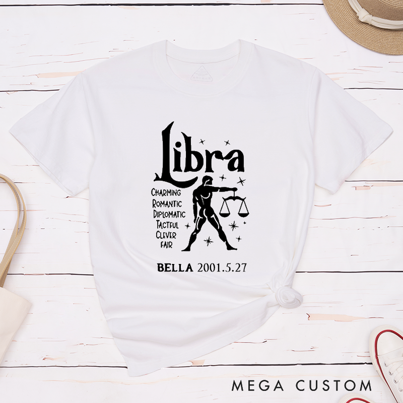 Personalized Libra Zodiac Classic T-Shirt for Women and Men Custom Birthday Gift Horoscope Graphic Unique Astrology Tee