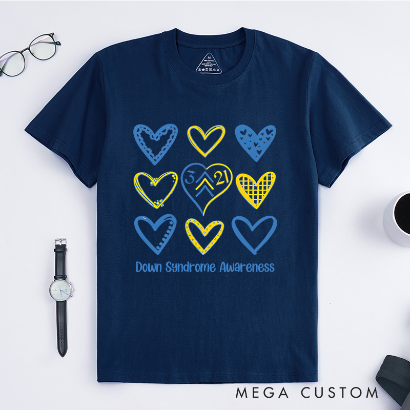 Personalized Down Syndrome Awareness Heart Pattern Support Inclusion Advocacy T-shirt