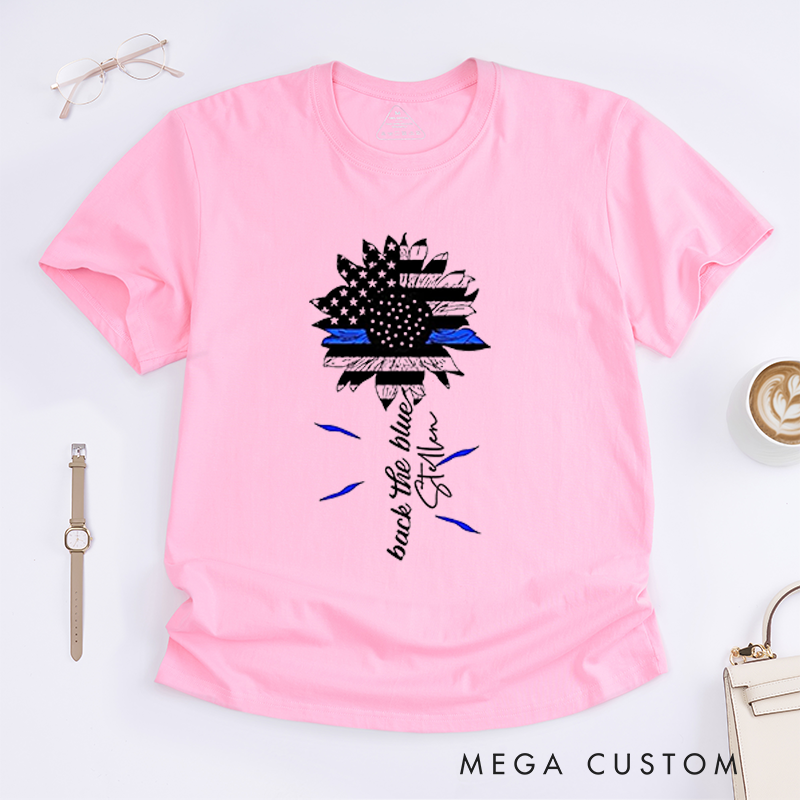 Personalized Back the Blue Sunflower American Flag Police Support Design Gift for Policewoman Police Officer T-Shirt