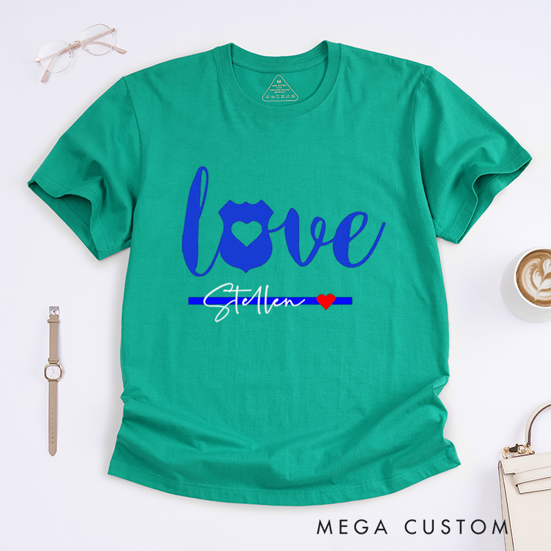 Personalized Love Thin Blue Line Police Support Custom Design Gift for Policewoman Police Officer T-Shirt