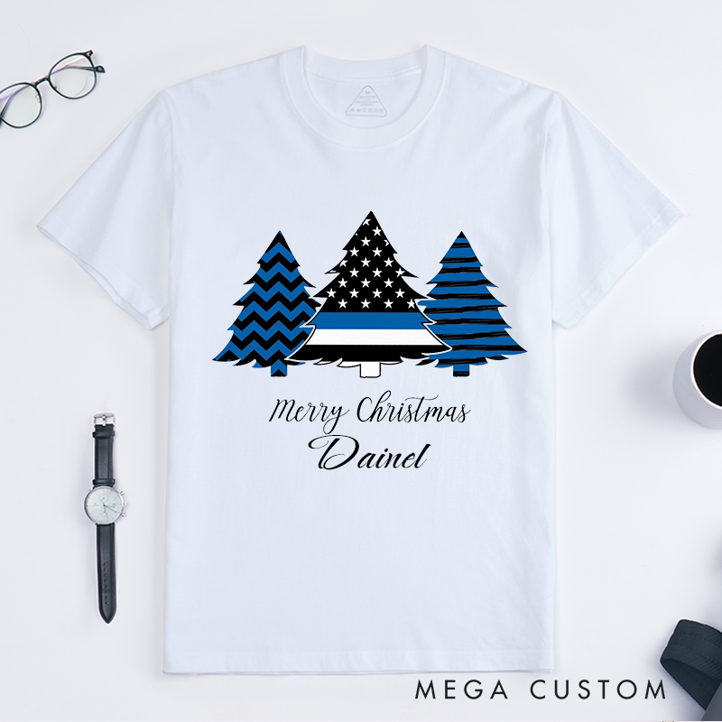 Personalized Police Merry Christmas Thin Blue Line Police Holiday Custom Design Gift for Police Officer T-Shirt