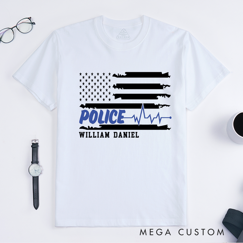 Personalized Police Thin Blue Line Flag with Heartbeat Custom Design Gift for Police Officer T-Shirt