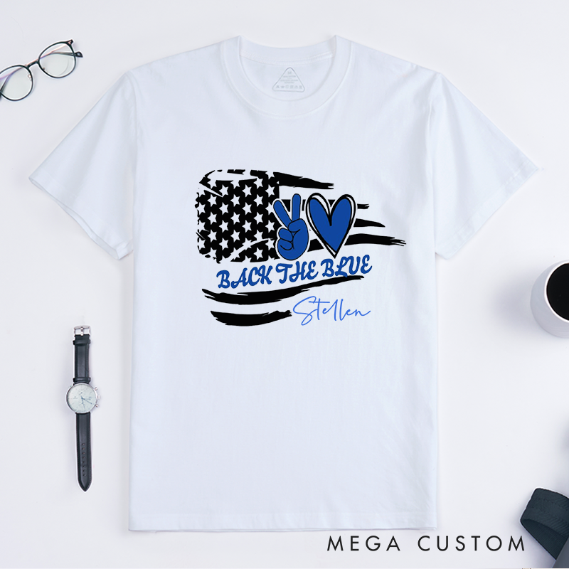 Personalized Police Back the Blue Peace and Love Custom Design Gift for Police Officer T-Shirt