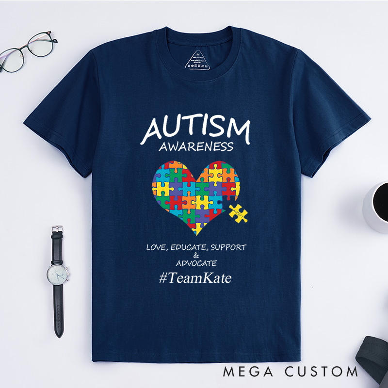 Personalized Autism Awareness Puzzle Heart Love Educate Support Advocate T-Shirt  