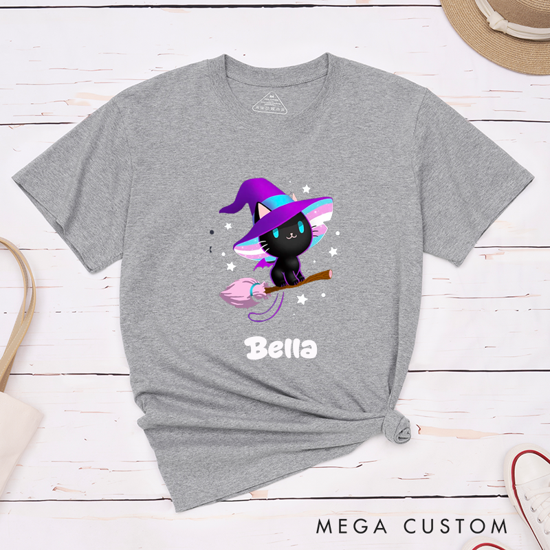 Personalized Cute Black Cat Witch Hat Classic T-Shirt Custom Name Gift for Cat Lovers Halloween Magic Cat Broom Unisex Tee 