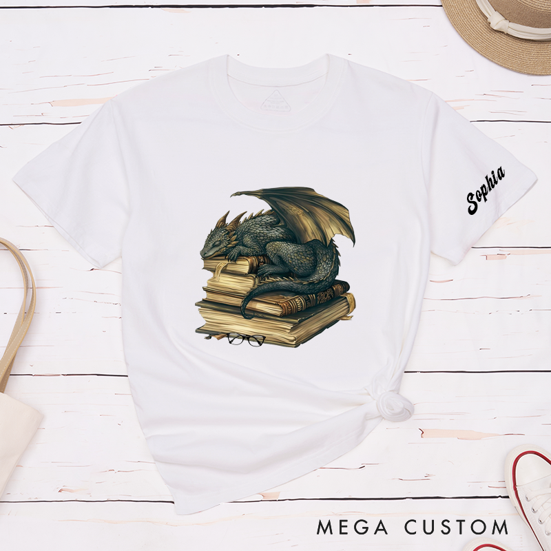 Personalized Dragon Lover Classic T-Shirts Custom Name Sleeping Dragon on Books Fantasy Reading Shirt Unique Gift for Bookworms and Readers Birthday