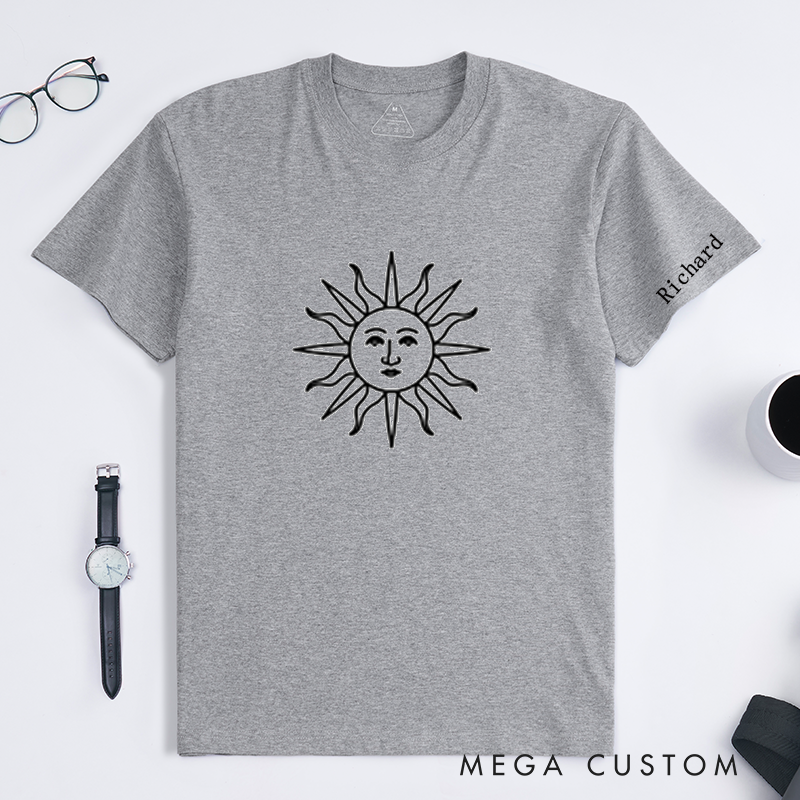 Personalized Sun Face T-Shirt Classic Unisex Custom Name Gift Unique Solar Graphic Tee for Men Women Birthday Present for Him Her Friends Family