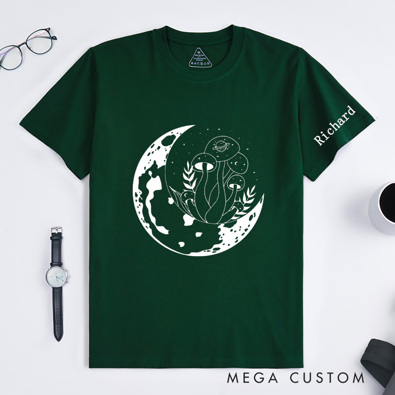 Personalized Moon and Mushroom Classic T-Shirt Custom Cosmic Nature Art Unisex Gift Unique Space Planet Print Tee