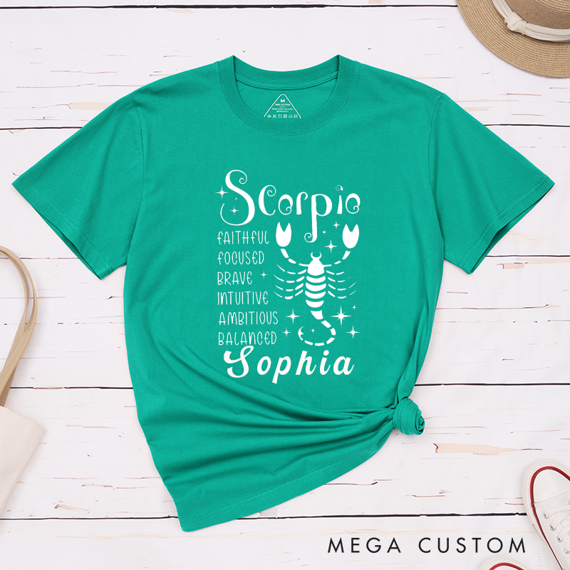 Personalized Scorpio Zodiac T-Shirt Custom Name Birthday Gift for Sophia Faithful Focused Brave Intuitive Ambitious Balanced Classic Astrology Tee 