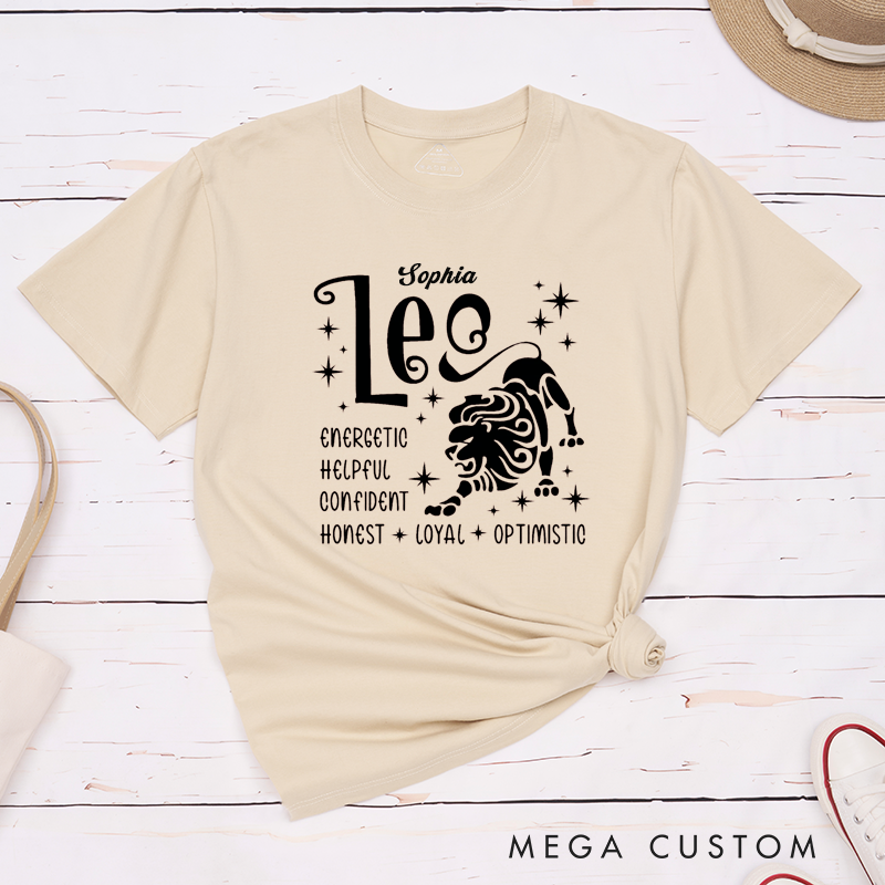 Personalized Leo Zodiac Classic T-Shirts Custom Name Energetic Confident Honest Loyal Optimistic Gift for Men and Women Birthday Astrology Lovers