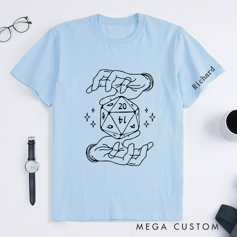 Personalized D20 Dice Magic Hands Classic T-Shirt Custom Name Gift for Gamers Unique Creative Unisex Birthday Present for Dungeons Enthusiasts