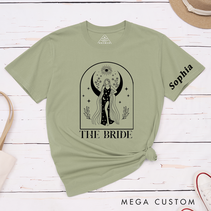 Personalized Bride Moon Goddess T-Shirt Custom Name Celestial Bachelorette Party Tee Unique Starry Bridal Shower Gift for Her Astrology Moon Lover