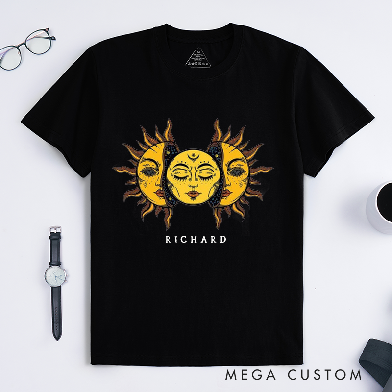 Personalized Sun and Moon Face Classic T-Shirts Custom Unisex Astral Art Graphic Tee Unique Celestial Gift for Him or Her Spiritual Astrology Lovers