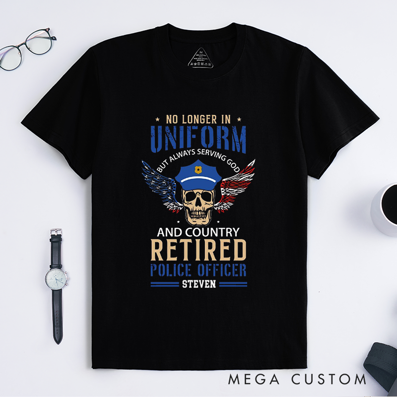 Personalized Retired Police Officer T-Shirt with Patriotic Skull and Wings Design Gift for Police Officer T-Shirt