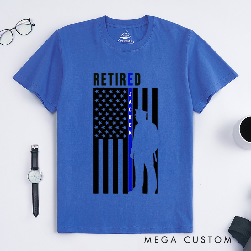 Personalized Retired Police Officer T-Shirt with Thin Blue Line Flag and Silhouette Design Gift for Police Officer T-Shirt