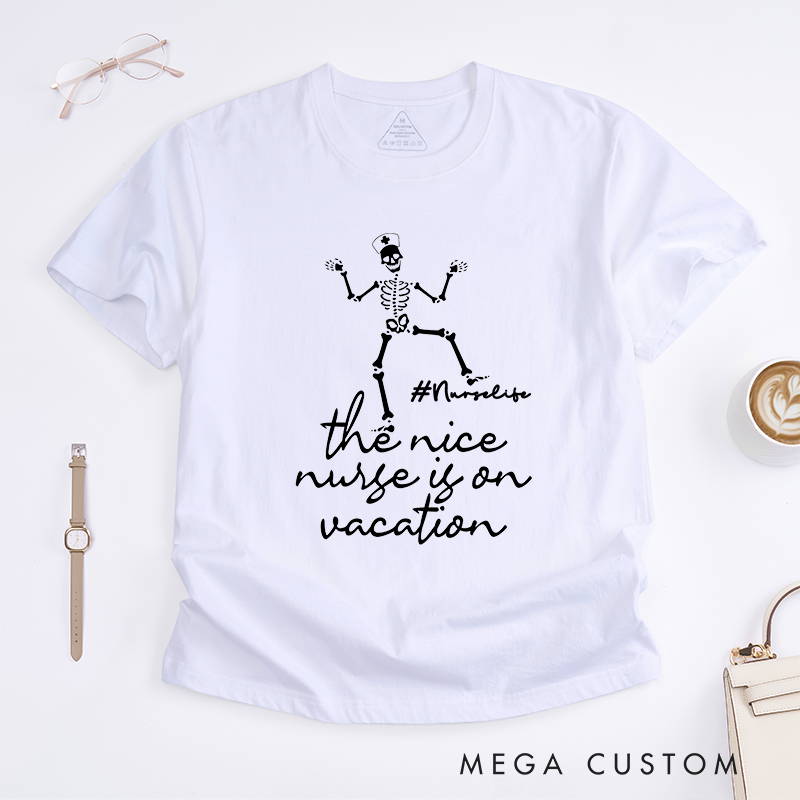 Personalized Playful Nursing T-Shirt with Skeleton and Vacation-Themed Design Gift for Nurse