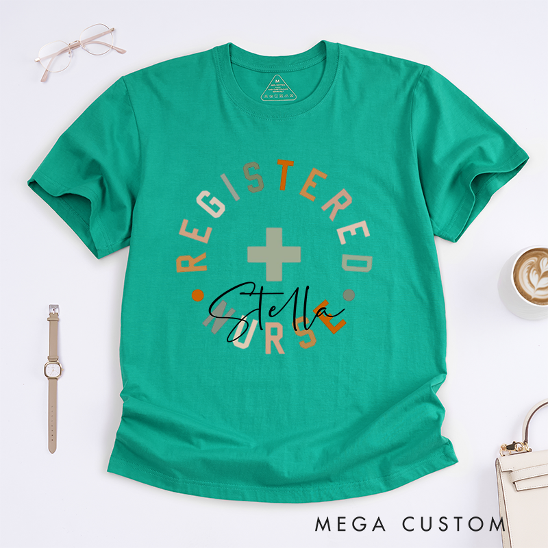 Personalized Registered Nurse T-Shirt with Bold Circular Customizable Name Design Gift for Nurse