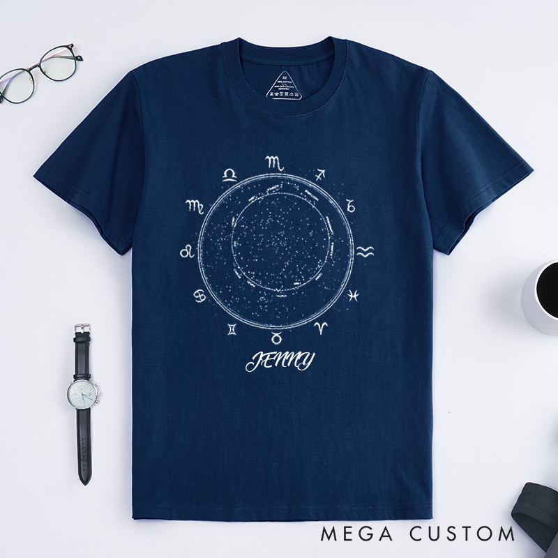 Personalized Zodiac Star Map T-Shirt Custom Astrology Chart Constellation Birthday Gift for Him or Her Unique Celestial Horoscope Shirt for Women Men