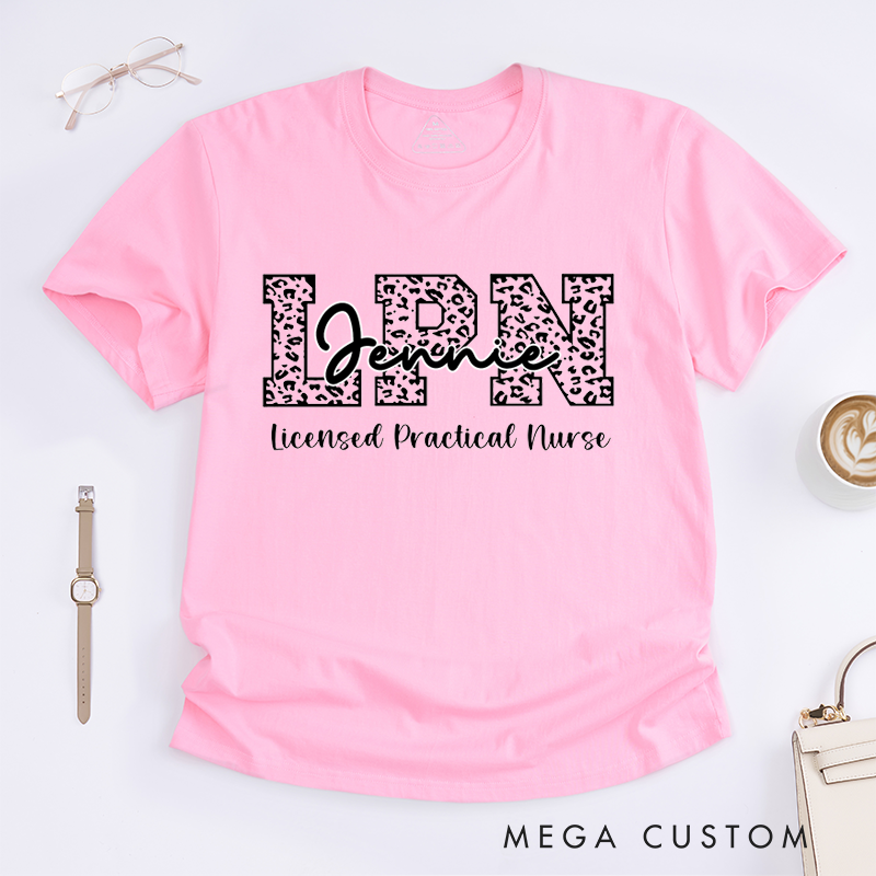 Personalized Trendy LPN T-Shirt with Leopard Print "LPN" and Personalized Typography Design Gift for Nurse