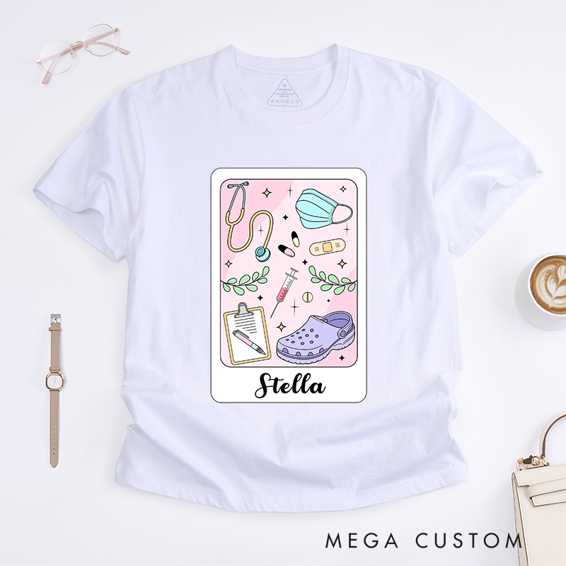 Personalized Pastel Nurse T-Shirt with Cute Medical Icons and Personalized Design Gift for Nurse
