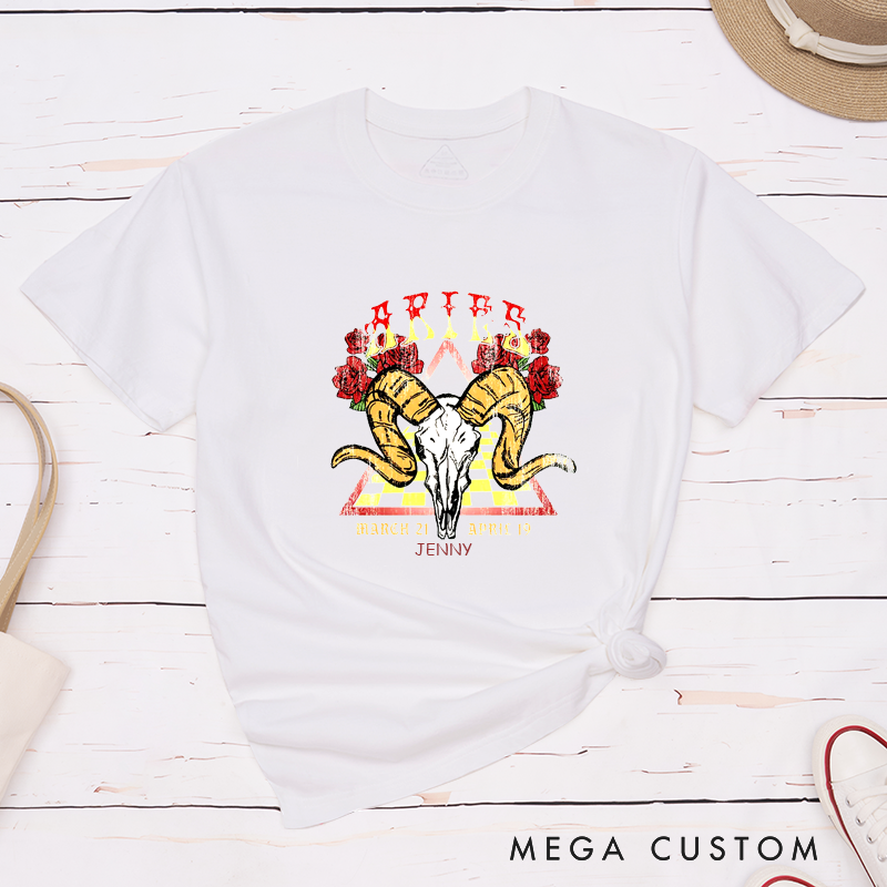 Personalized  Classic T-Shirt Aries Zodiac Ram Skull Graphic Custom Name Unisex Tee Birthday Gift for Horoscope Fans