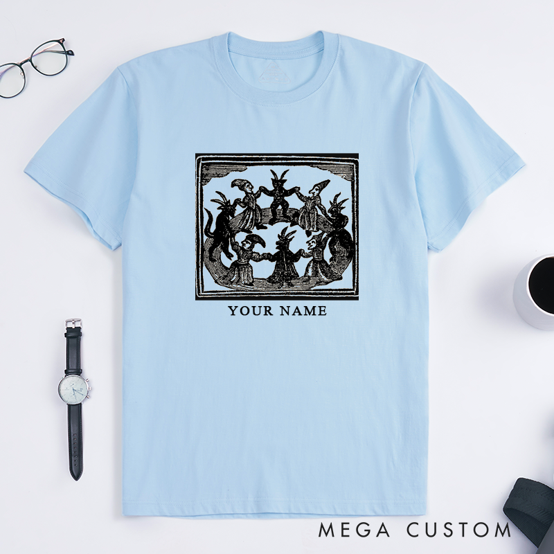 Personalized Classic T-Shirts Witch Circle Vintage Art Unisex Custom Pagan Gift for Him Her Occult Magic Ritual Graphic Tee Unique Birthday Present