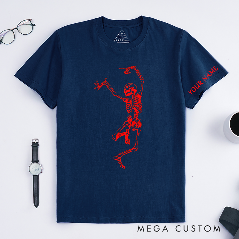 Personalized Classic T-Shirt Dancing Skeleton Unisex Custom Name Red Skeleton Graphic Halloween Gift for Men and Women Cool Skull Personalized Present