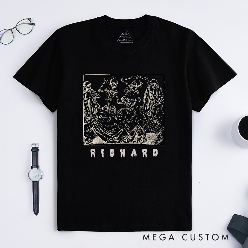 Personalized Classic T-Shirts Skeleton Dance  Gothic Skeleton Print Vintage Halloween Gift for Men and Women Custom Name Spooky Macabre Tee