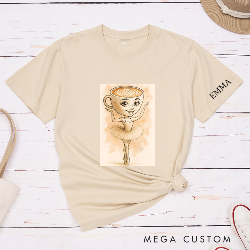 Personalized Coffee Lover Ballet Dancer Classic T-Shirts Custom Cute Latte Art Ballerina Shirt Unique Barista Gift for Dance Enthusiasts