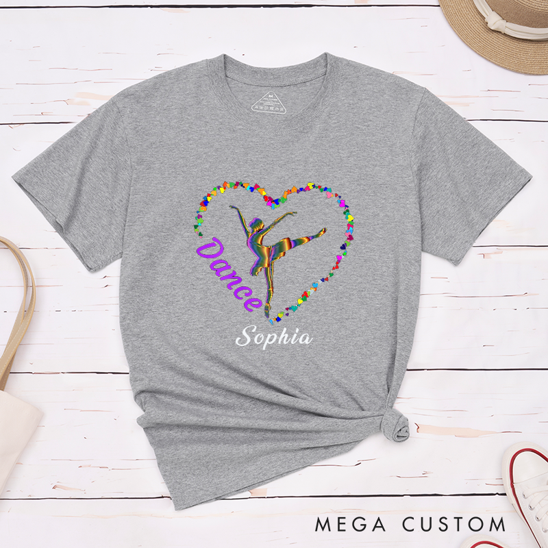 Personalized Dance Ballet Dancer Shirts Custom Name Rainbow Heart Classic T-Shirts Unique Gift for Dancers Teens Dance Lover Birthday Present